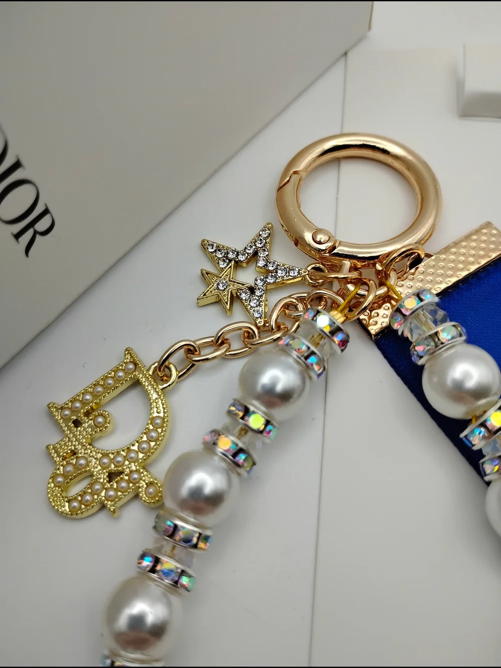 Dior Pearl Charm Keychain in Gold and White With A Star & Dior Accent BNIB